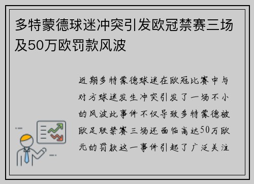 多特蒙德球迷冲突引发欧冠禁赛三场及50万欧罚款风波