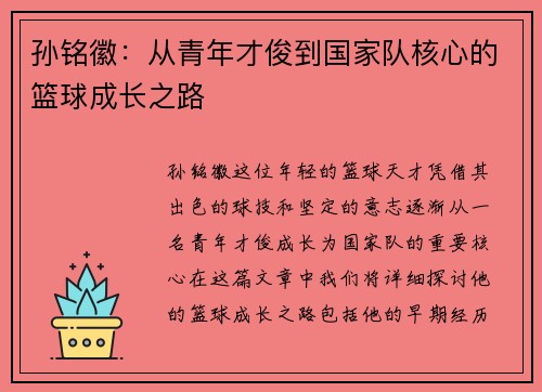 孙铭徽：从青年才俊到国家队核心的篮球成长之路
