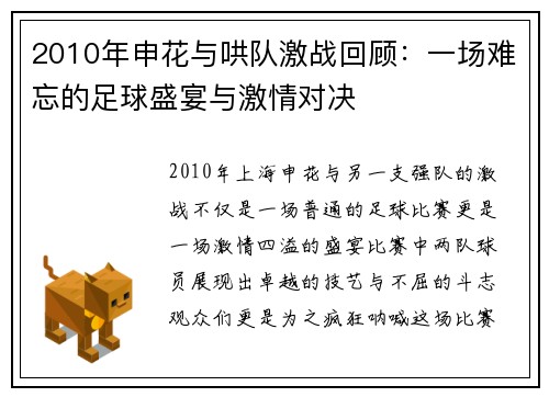 2010年申花与哄队激战回顾：一场难忘的足球盛宴与激情对决
