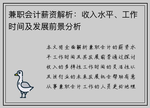 兼职会计薪资解析：收入水平、工作时间及发展前景分析
