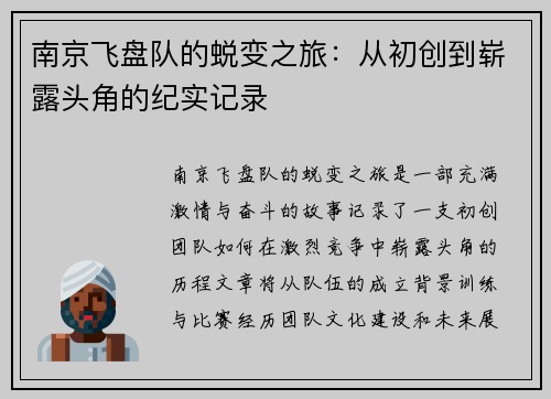南京飞盘队的蜕变之旅：从初创到崭露头角的纪实记录