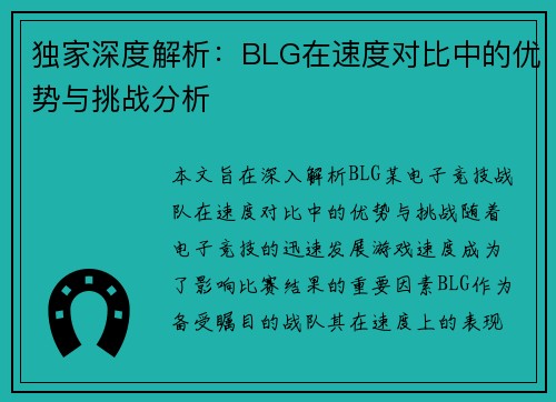 独家深度解析：BLG在速度对比中的优势与挑战分析