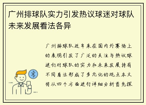 广州排球队实力引发热议球迷对球队未来发展看法各异