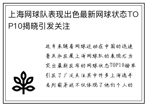 上海网球队表现出色最新网球状态TOP10揭晓引发关注
