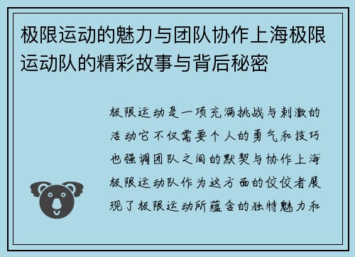 极限运动的魅力与团队协作上海极限运动队的精彩故事与背后秘密