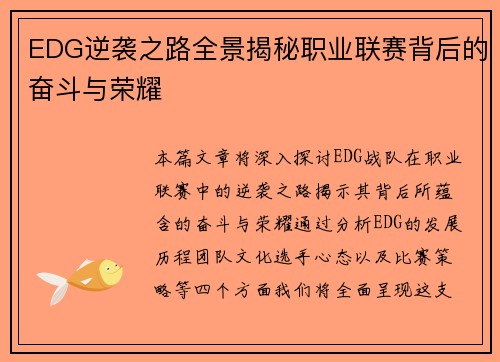 EDG逆袭之路全景揭秘职业联赛背后的奋斗与荣耀