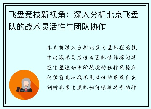 飞盘竞技新视角：深入分析北京飞盘队的战术灵活性与团队协作