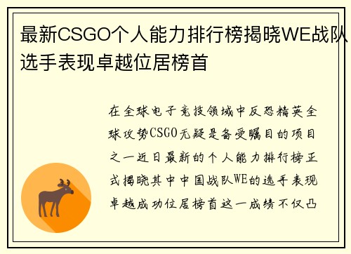 最新CSGO个人能力排行榜揭晓WE战队选手表现卓越位居榜首