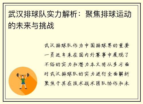 武汉排球队实力解析：聚焦排球运动的未来与挑战