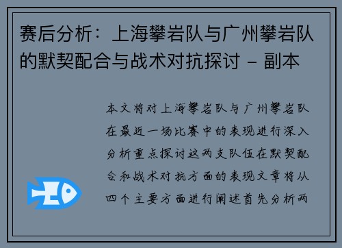 赛后分析：上海攀岩队与广州攀岩队的默契配合与战术对抗探讨 - 副本