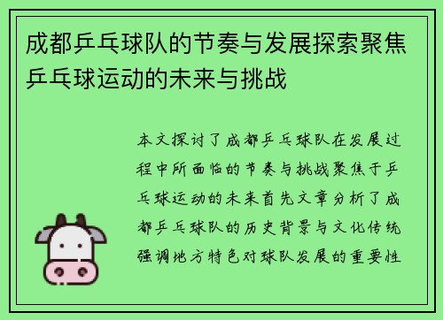 成都乒乓球队的节奏与发展探索聚焦乒乓球运动的未来与挑战